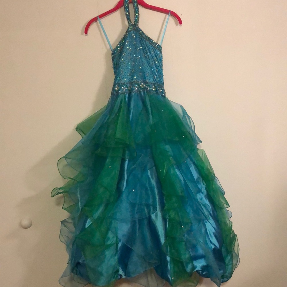 Adorable Girls Blue and Green Pageant Dress